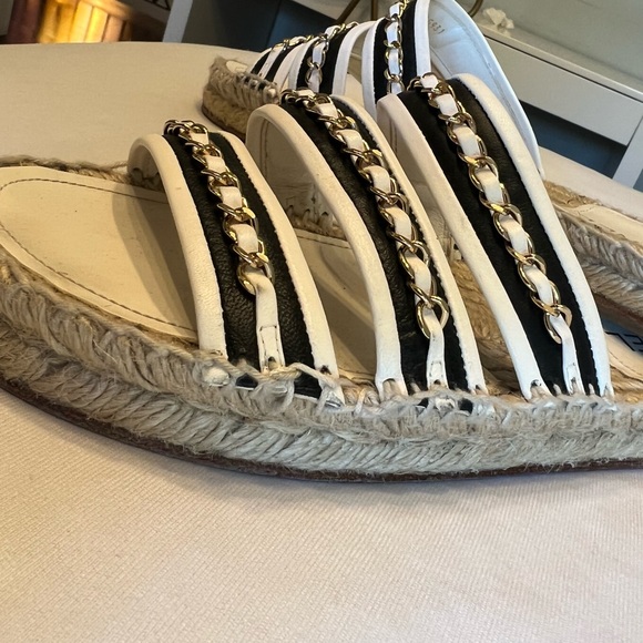 Chanel Gold Chain Espadrille Sandals | Black White Leather | Size 39 - Picture 6 of 10